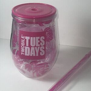 T-Mobile Tropical Tumbler Lid Straw Pink Tropical Palm Leaf Design Plastic New